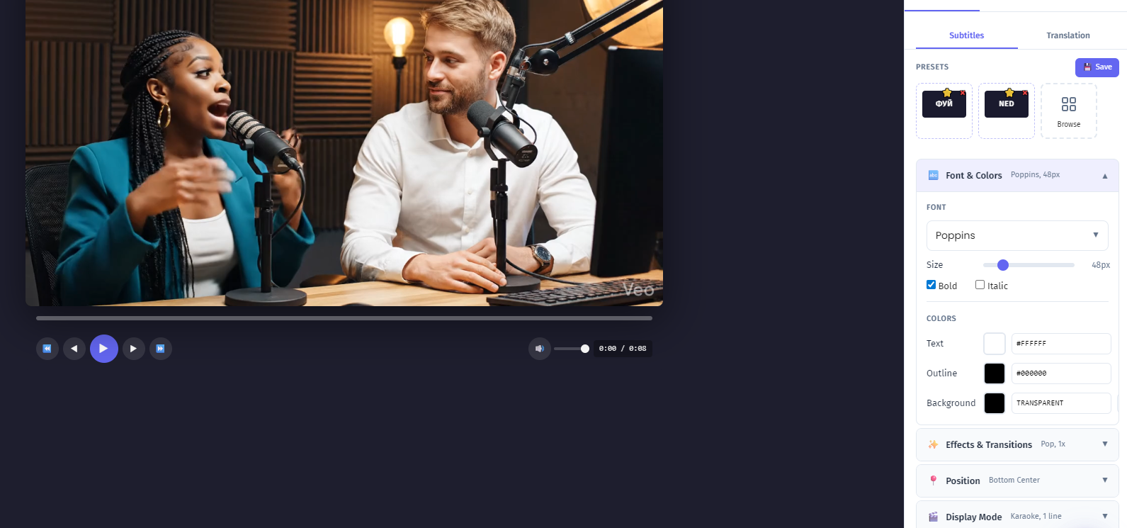 Rozhraní AI titulků YEB Captions