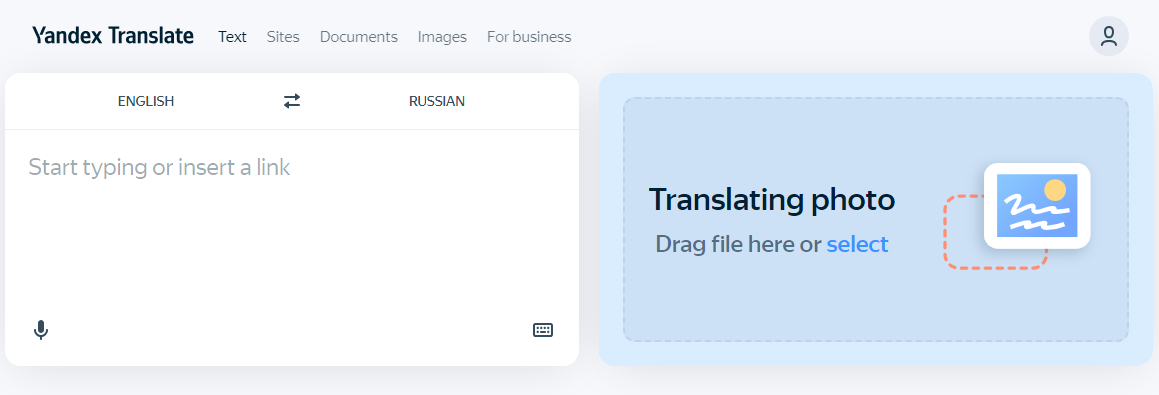 Yandex Translate webbgränssnitt
